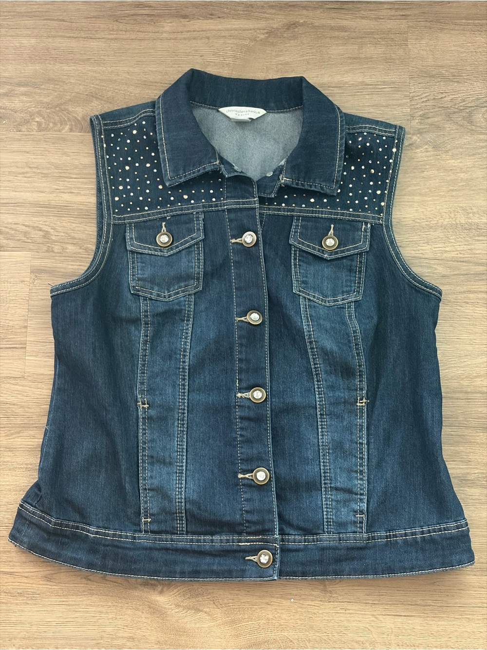 Christopher & Banks Denim Rhinestone Embellished Festival Vest